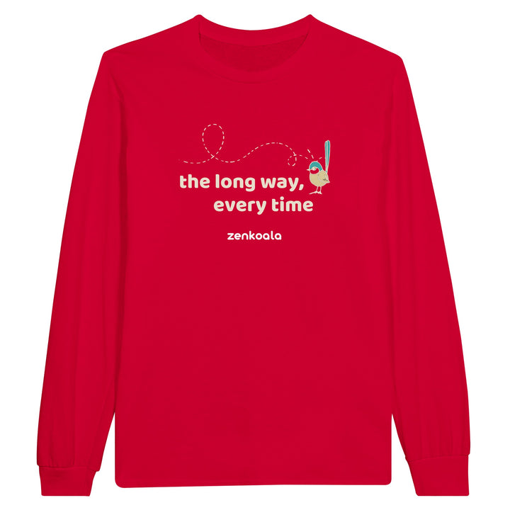 The Long Way Every Time feel-good long sleeve tee in red, Zen Koala Australia