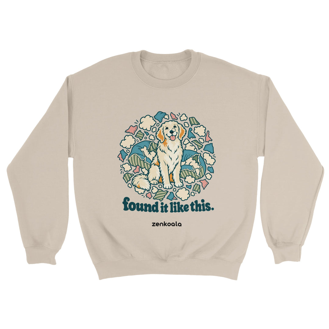 Found It Like This feel-good sweatshirt in sand: an innocent dog in a cloud of cushion fluff, Zen Koala Australia