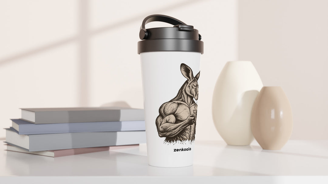 Buff Roo Teacup travel mug beside books and vases, Zen Koala Australia