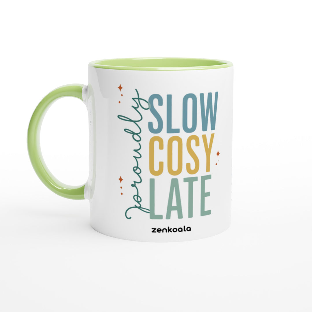 Proudly Slow Cosy Late feel-good mug: bold retro type for the cosy and late, Zen Koala Australia