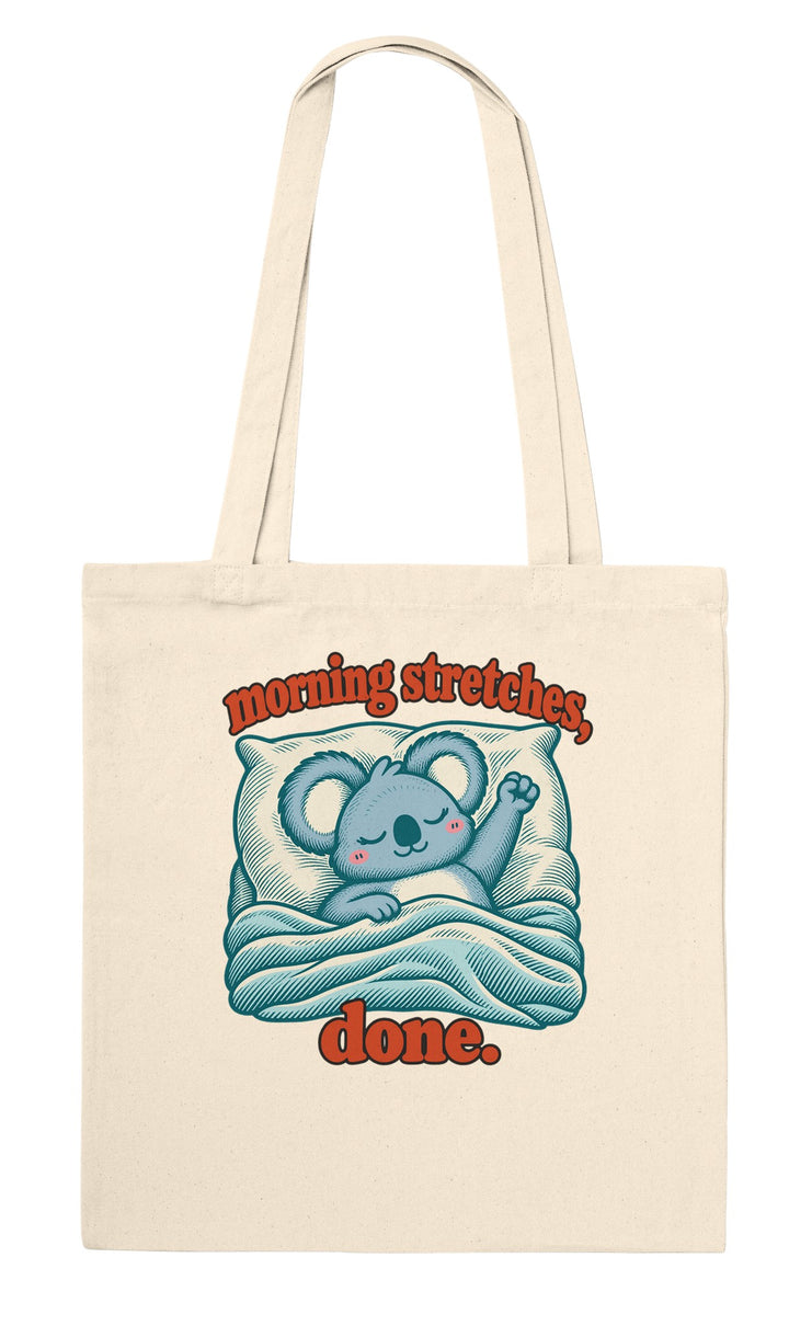 Morning Stretches Done feel-good tote bag in natural, Zen Koala Australia