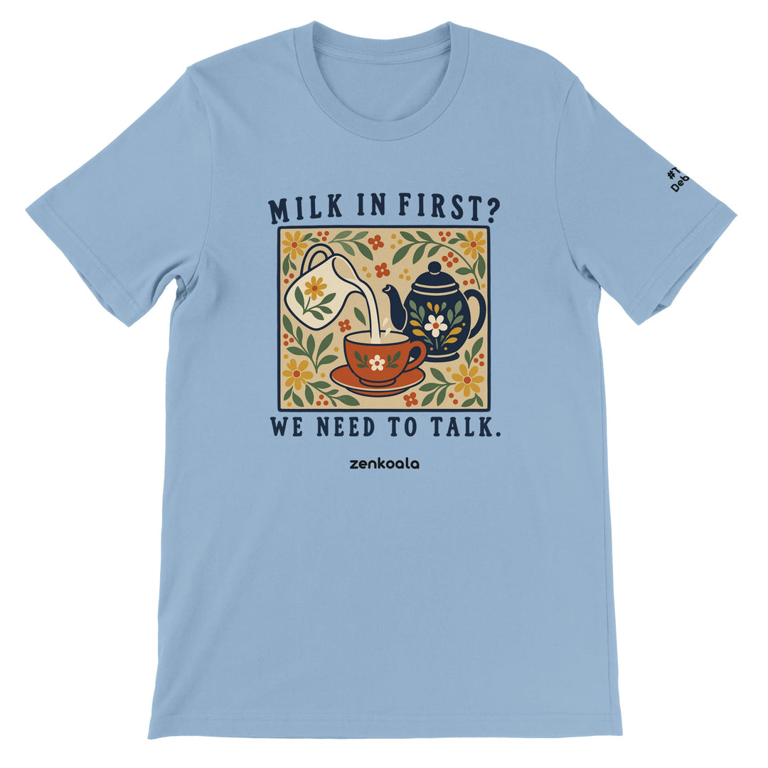 Milk in First feel-good tee in light blue: a folk-art milk jug, teapot and teacup, Zen Koala Australia