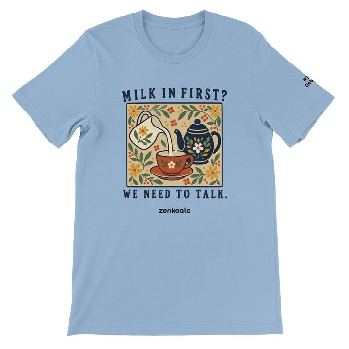 Milk in First feel-good tee in light blue: a folk-art milk jug, teapot and teacup, Zen Koala Australia