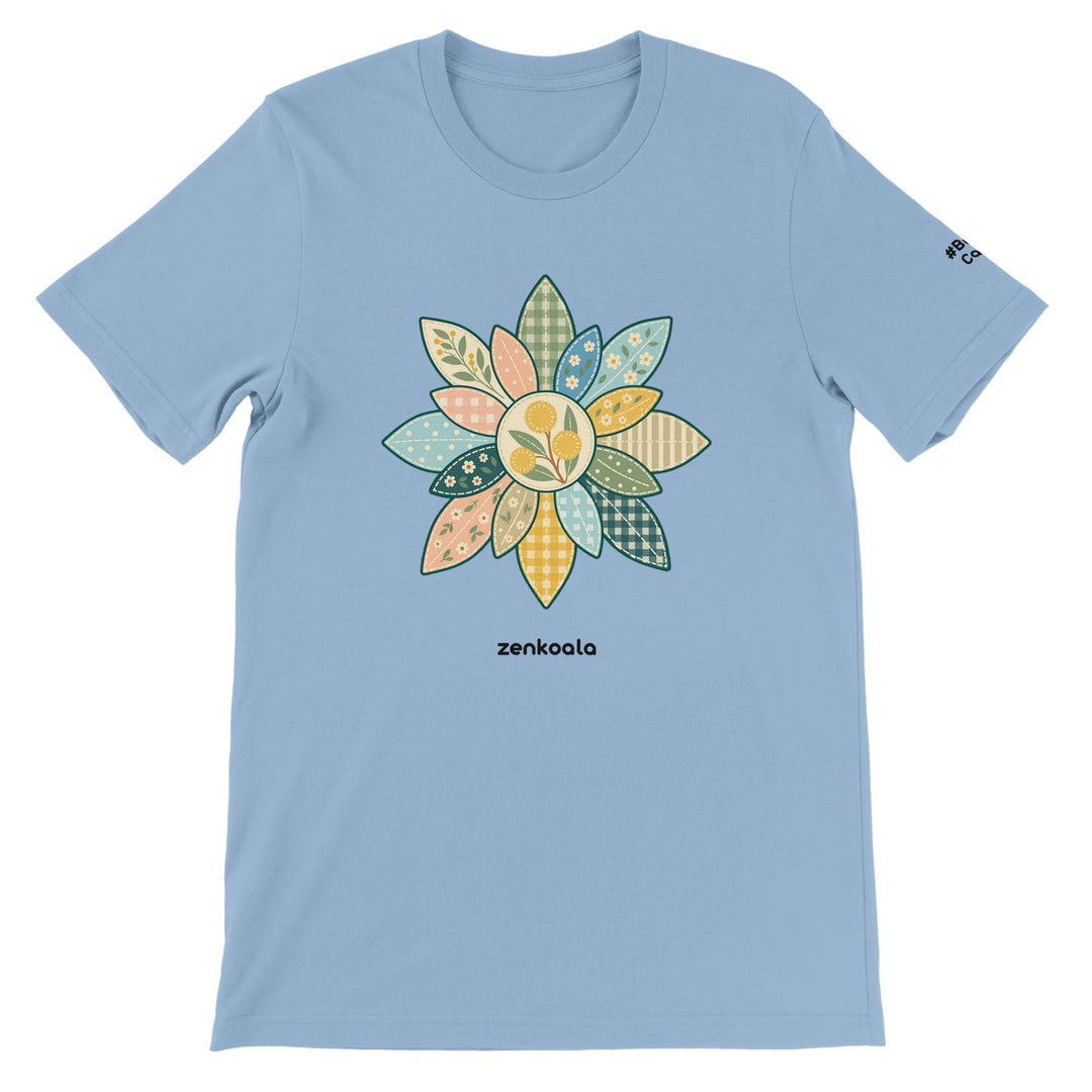 Wattle Mandala feel-good tee in light blue, Zen Koala Australia