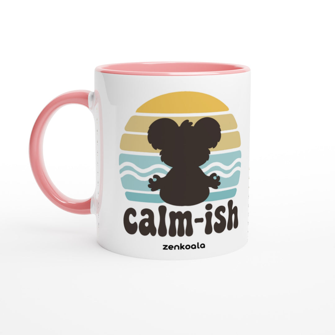 Calm-ish Retro Sunset Koala mug in pink: white with a pink rim, inside and handle, Zen Koala Australia