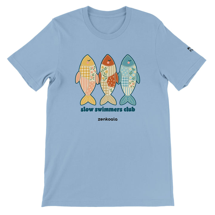 Slow Swimmers Club feel-good tee in light blue, Zen Koala Australia