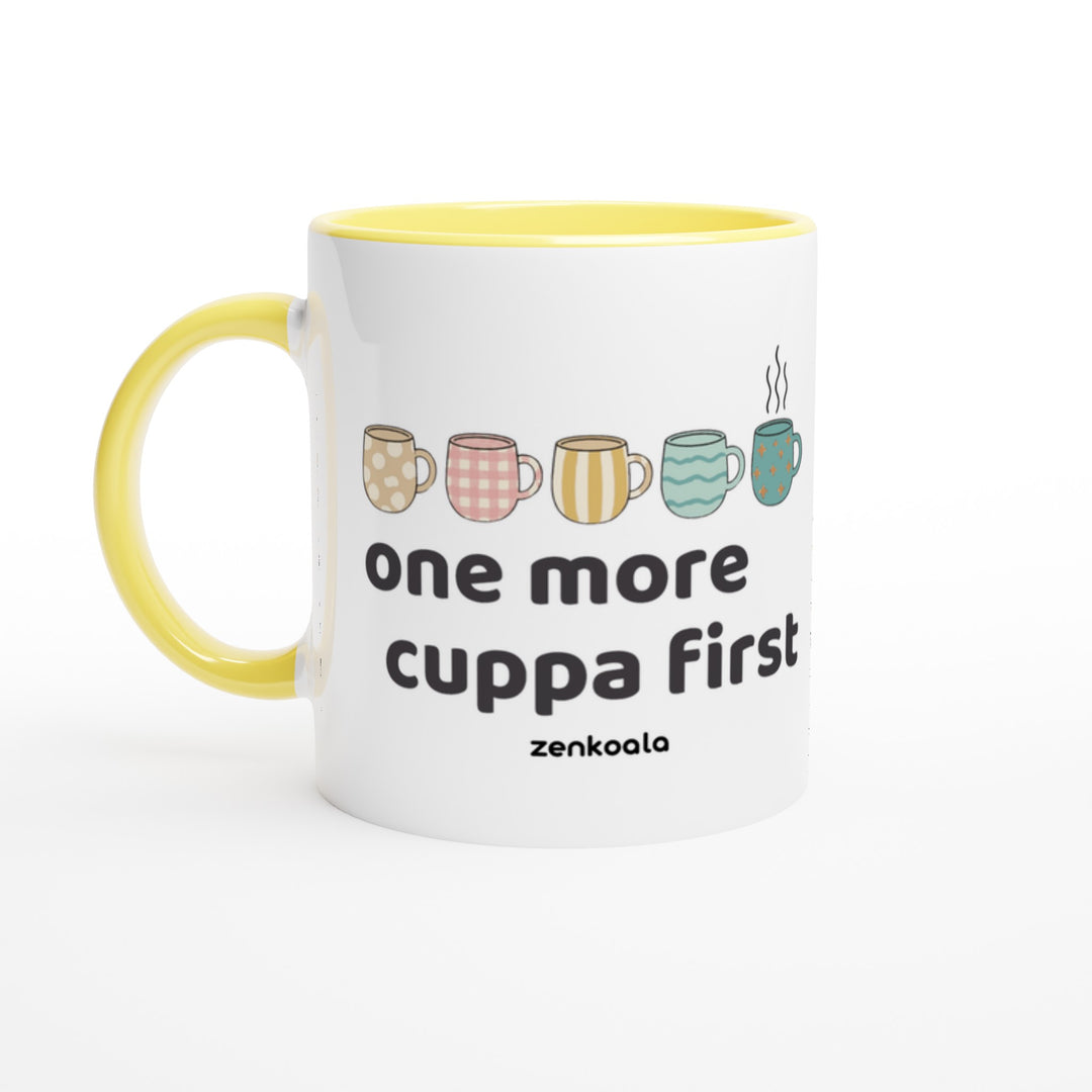 One More Cuppa First mug in yellow: white with a yellow rim, inside and handle, Zen Koala Australia