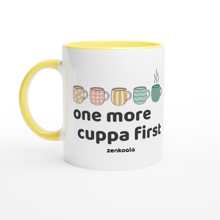One More Cuppa First mug in yellow: white with a yellow rim, inside and handle, Zen Koala Australia