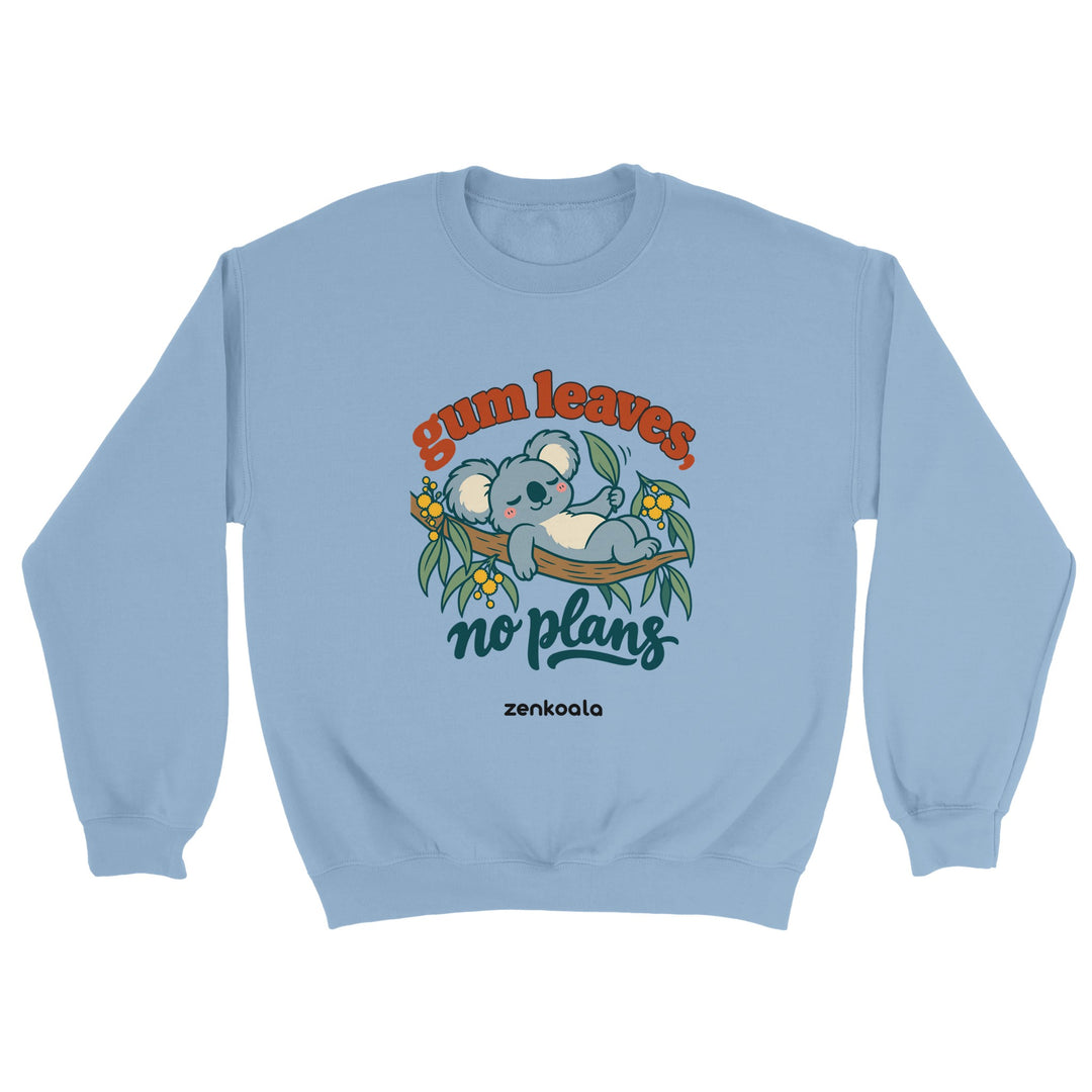 Gum Leaves No Plans feel-good sweatshirt in light blue, Zen Koala Australia