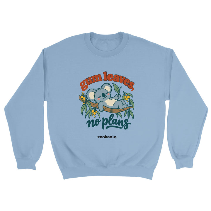 Gum Leaves No Plans feel-good sweatshirt in light blue, Zen Koala Australia