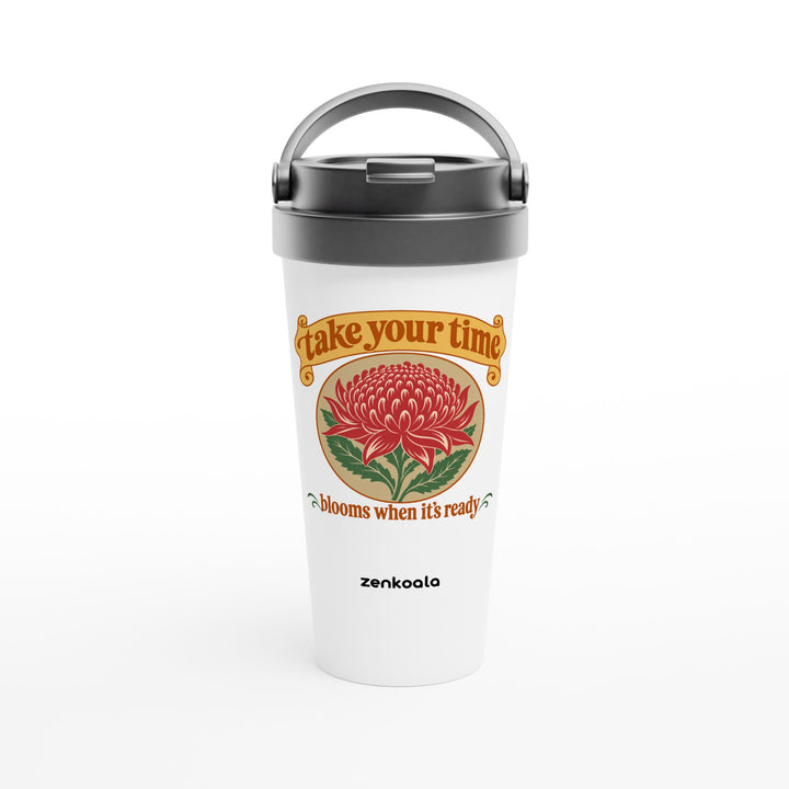 Take Your Time feel-good travel mug: a waratah in bloom, Zen Koala Australia
