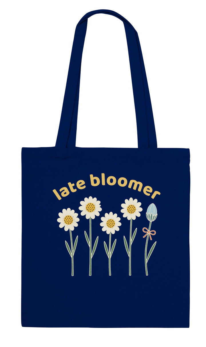 Late Bloomer feel-good tote bag in navy: four daisies and one bud taking its time, Zen Koala Australia