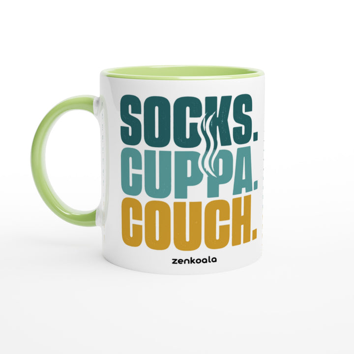 Socks Cuppa Couch mug in green: white with a green rim, inside and handle, Zen Koala Australia