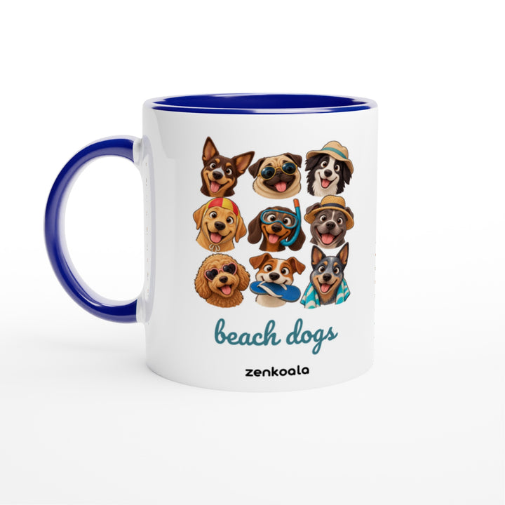 Beach Dogs feel-good mug: a crew of dogs in beach gear, Zen Koala Australia