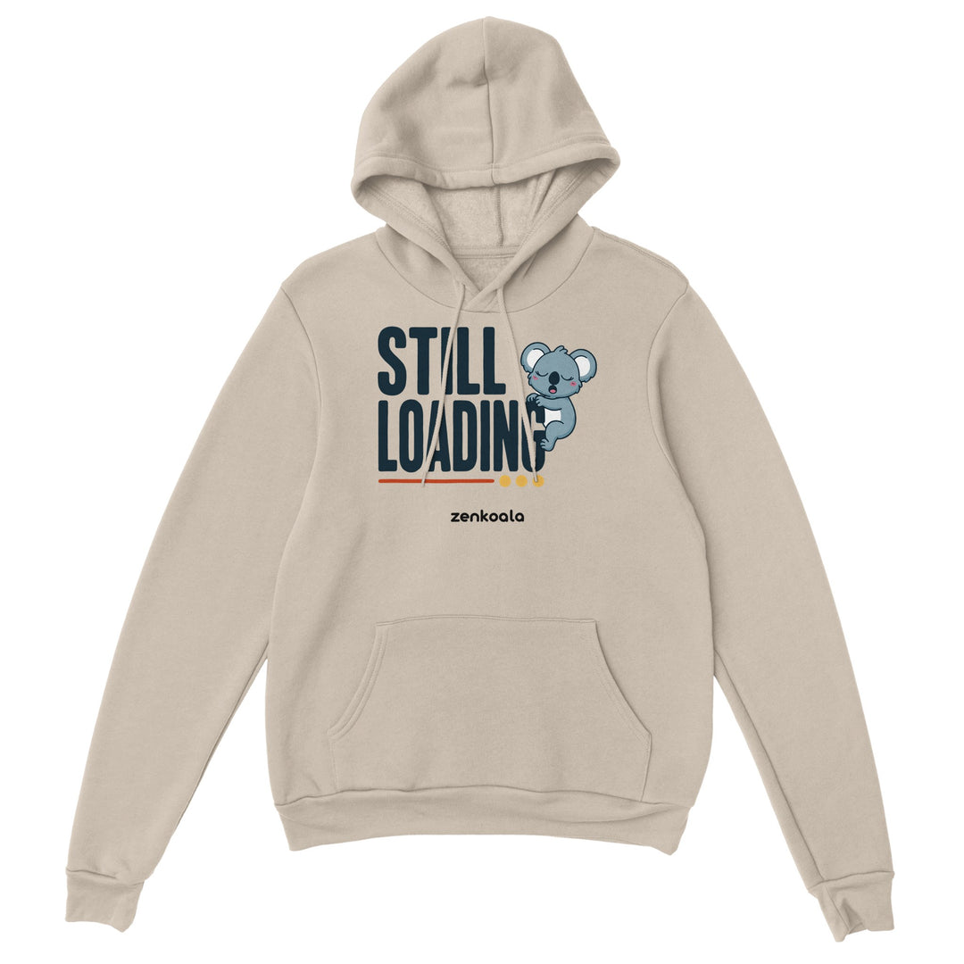 Still Loading Koala feel-good hoodie in sand: a sleepy koala hanging off the letters, Zen Koala Australia