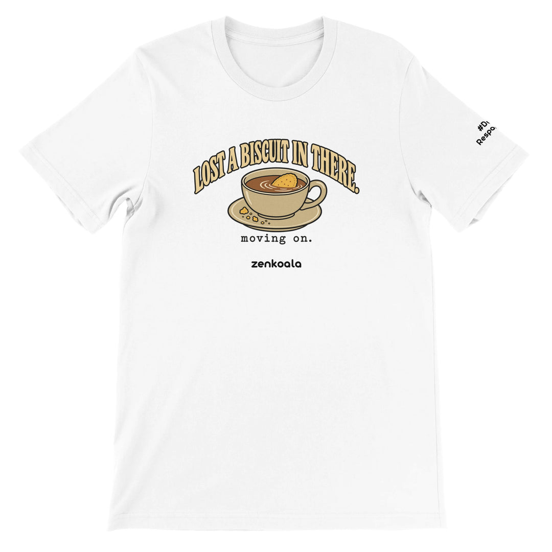 Lost a Biscuit in There feel-good tee in white: a biscuit sinking in a cuppa, Zen Koala Australia