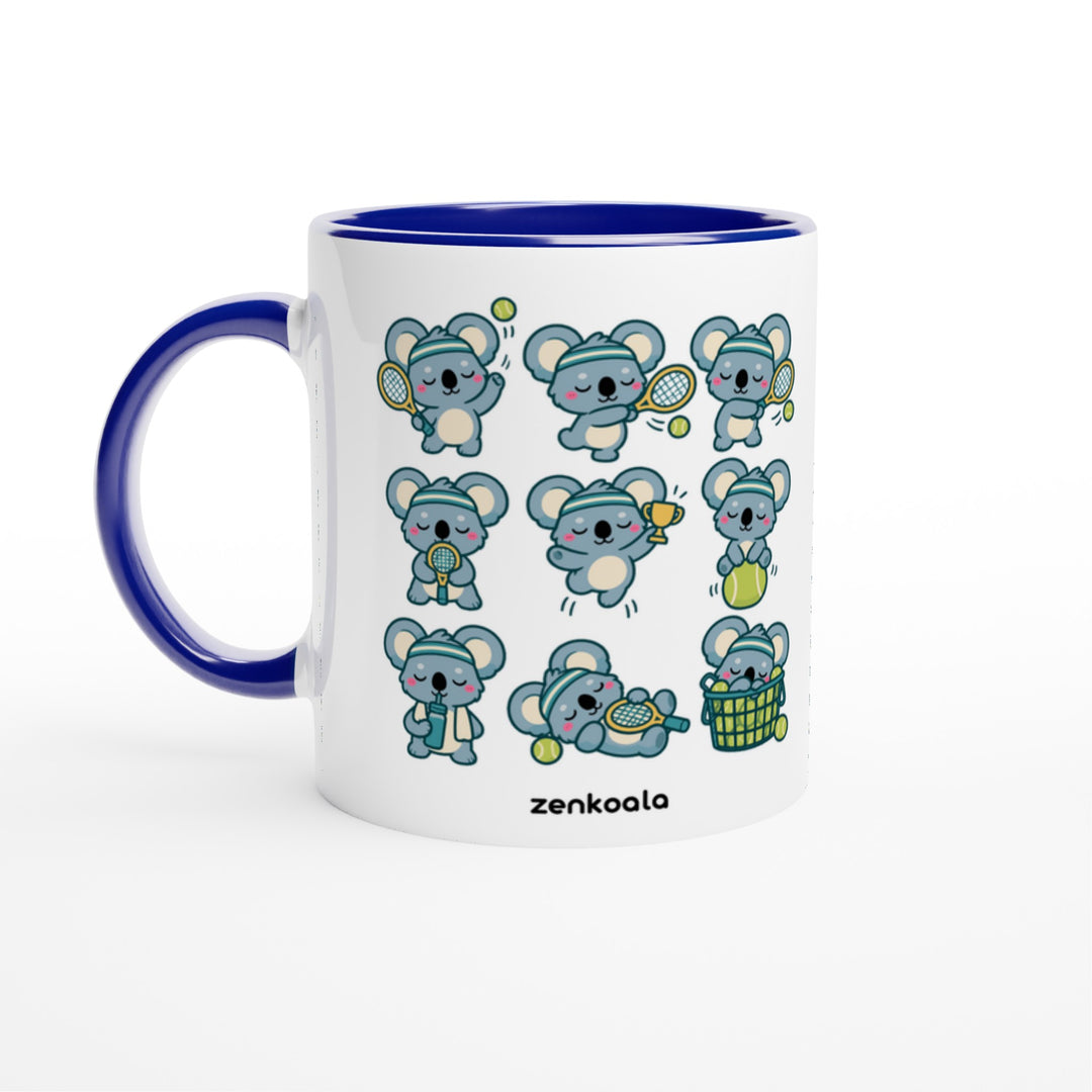 Tennis Koalas mug in blue: white with a blue rim, inside and handle, Zen Koala Australia