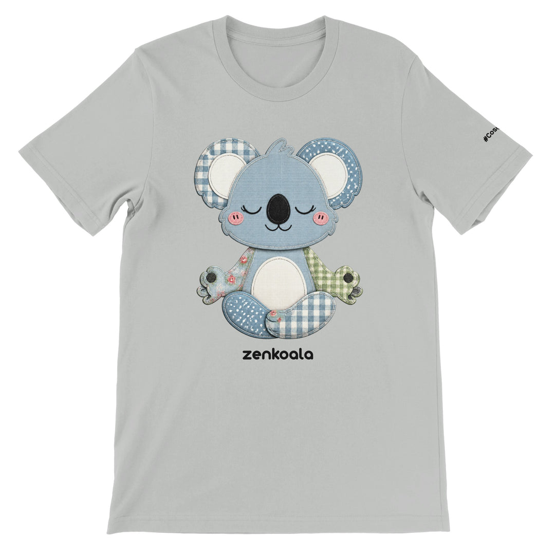 Faux Patchwork Meditating Koala feel-good tee in silver — Zen Koala Australia