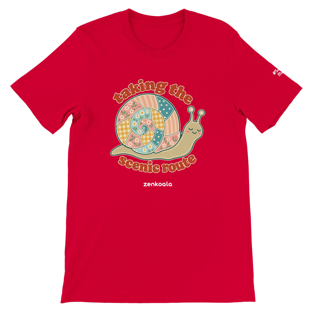 Taking the Scenic Route Snail feel-good tee in red, Zen Koala Australia