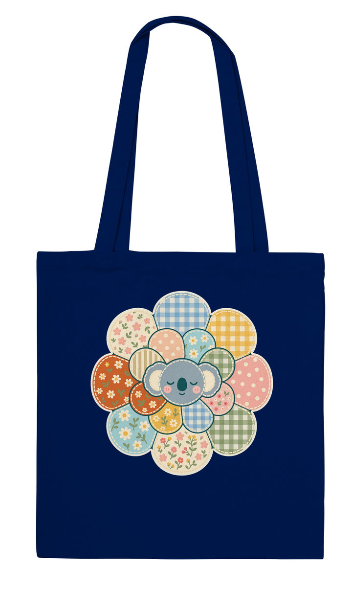 Zen Mandala Flower feel-good tote bag in navy: a faux patchwork flower with a koala at its heart, Zen Koala Australia