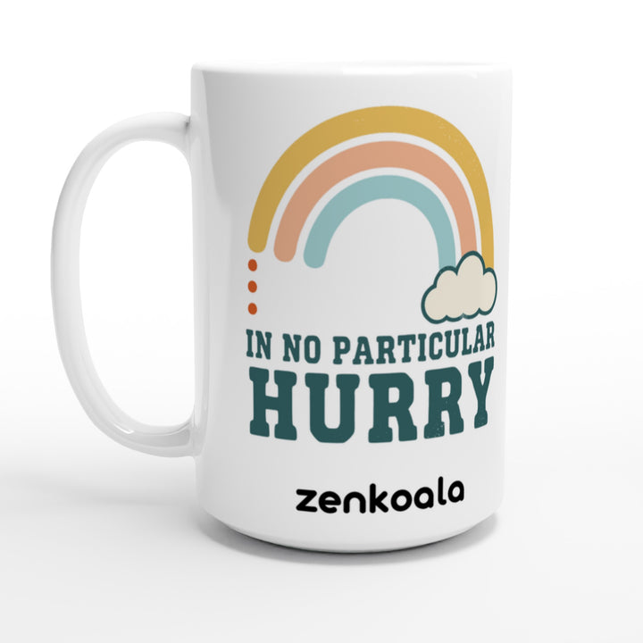 In No Particular Hurry feel-good 15oz mug: a soft retro rainbow and a fluffy cloud, Zen Koala Australia