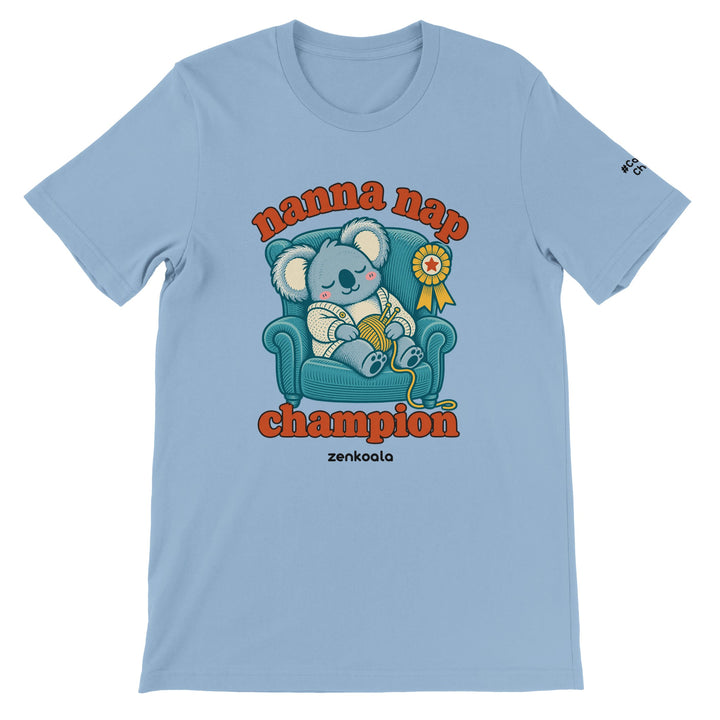Nanna Nap Champion feel-good tee in light blue, Zen Koala Australia