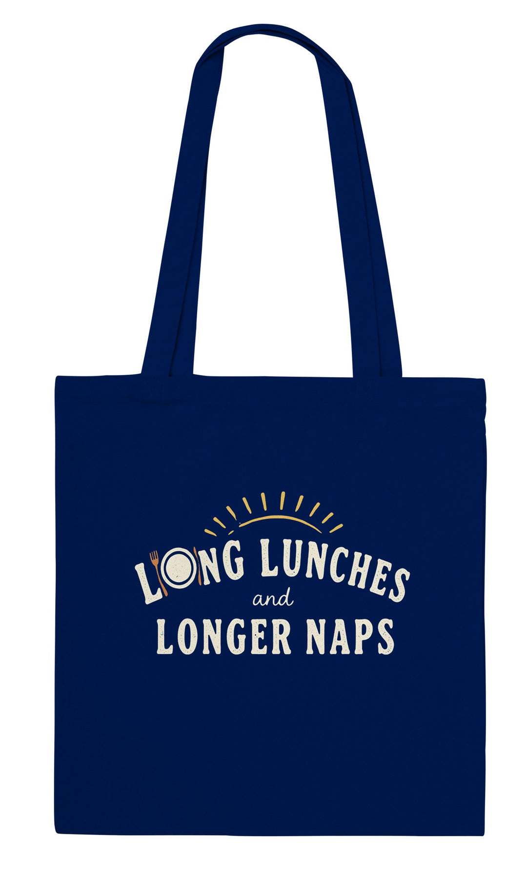 Long Lunches and Longer Naps feel-good tote bag in navy, Zen Koala Australia
