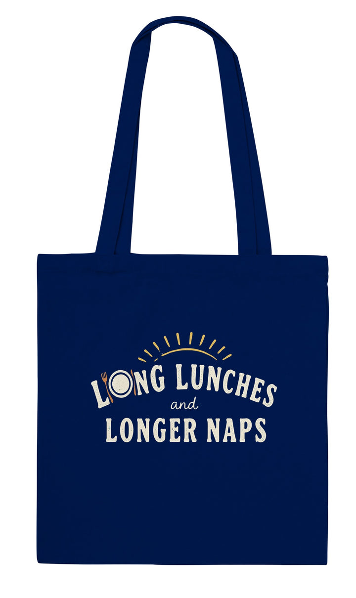Long Lunches and Longer Naps feel-good tote bag in navy, Zen Koala Australia