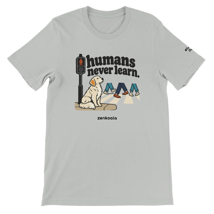 Humans Never Learn feel-good tee in silver, Zen Koala Australia