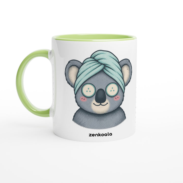 Koala Spa Day mug in green: white with a green rim, inside and handle, Zen Koala Australia