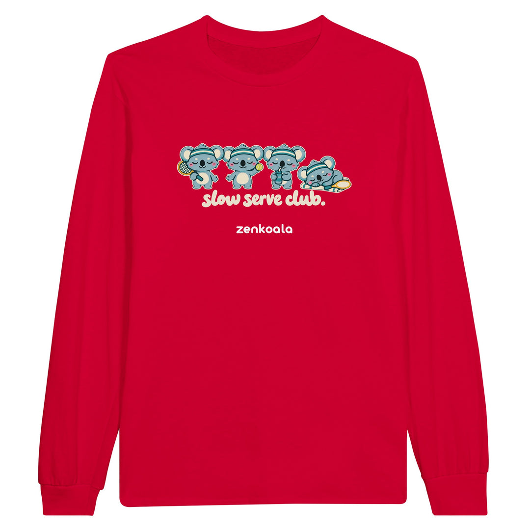 Slow Serve Club feel-good long sleeve tee in red, Zen Koala Australia