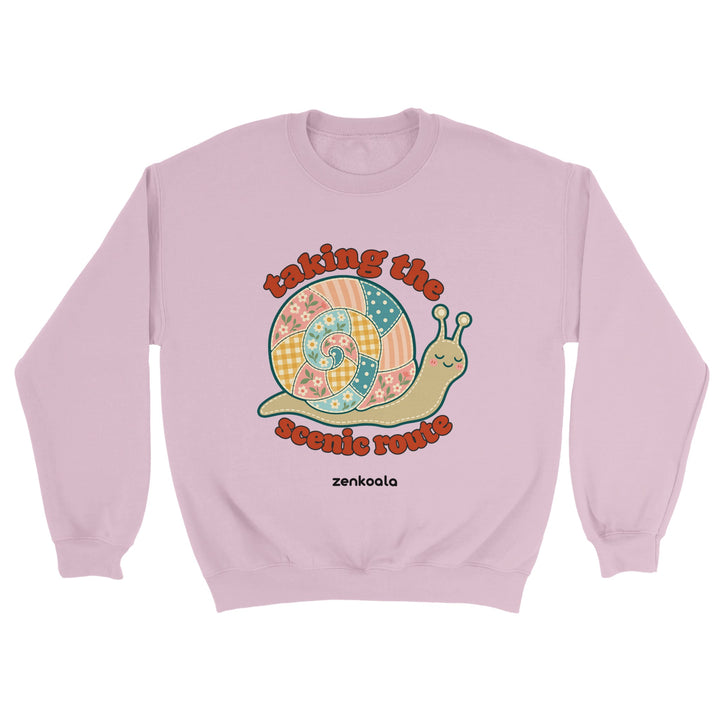 Taking the Scenic Route Snail feel-good sweatshirt in light pink, Zen Koala Australia