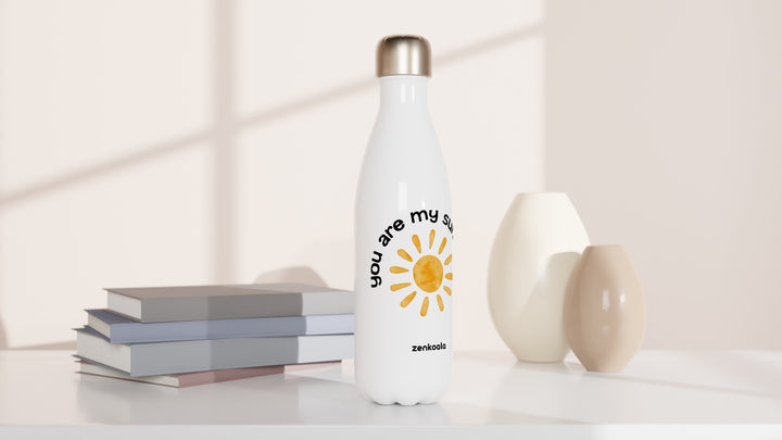 You Are My Sunshine water bottle beside books and vases, Zen Koala Australia