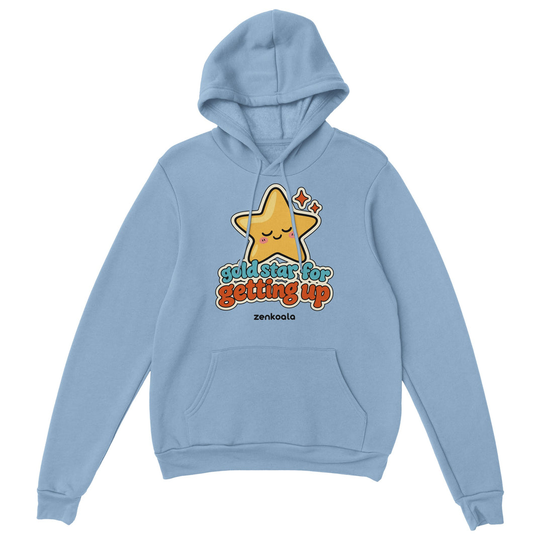 Gold Star for Getting Up feel-good hoodie in light blue, Zen Koala Australia