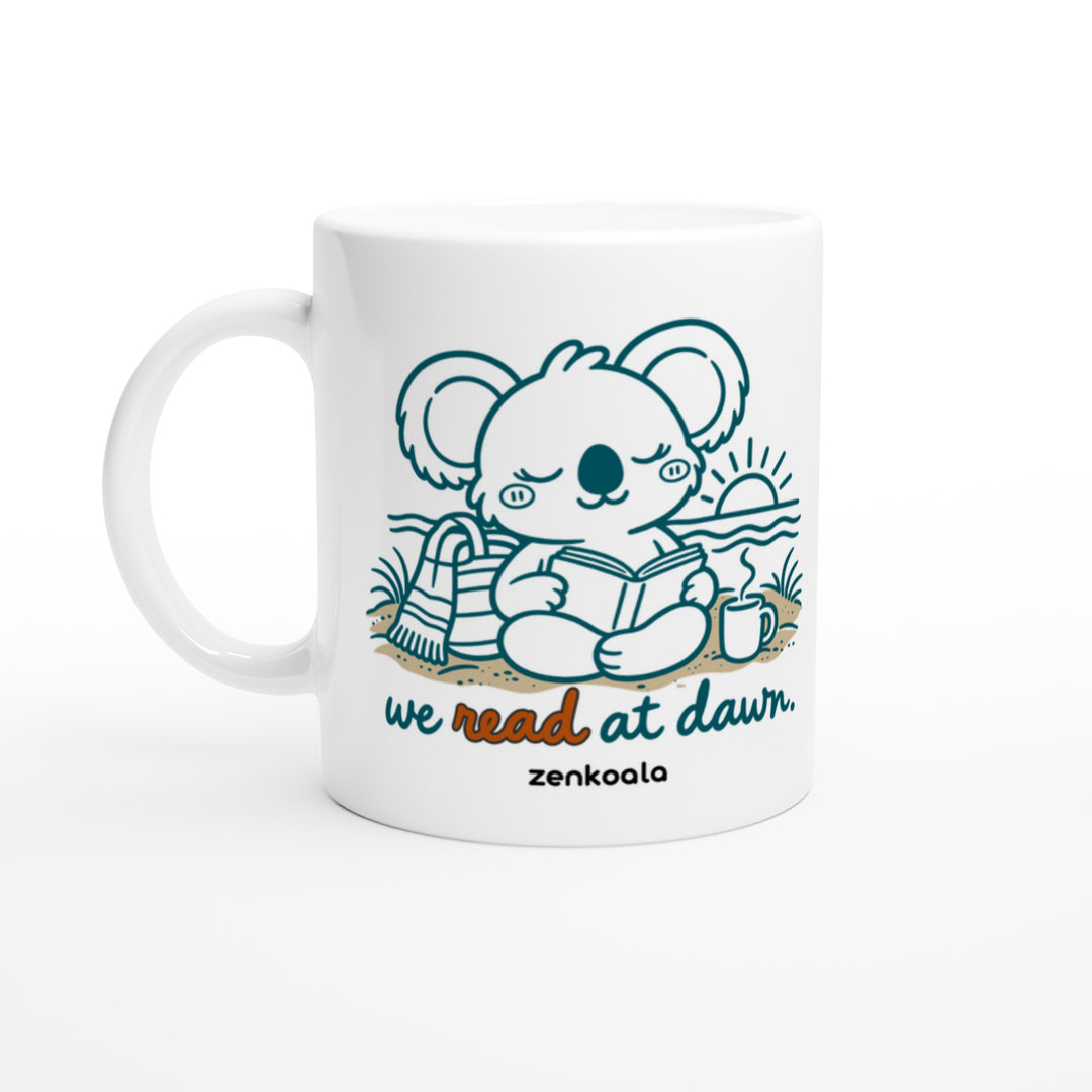 We Read at Dawn feel-good mug: a koala reading on the beach, Zen Koala Australia