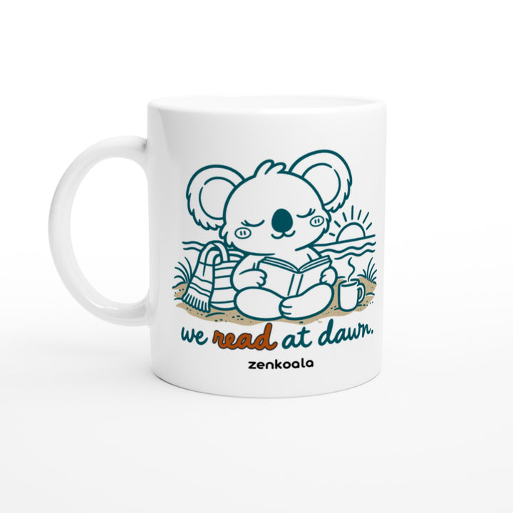We Read at Dawn feel-good mug: a koala reading on the beach, Zen Koala Australia