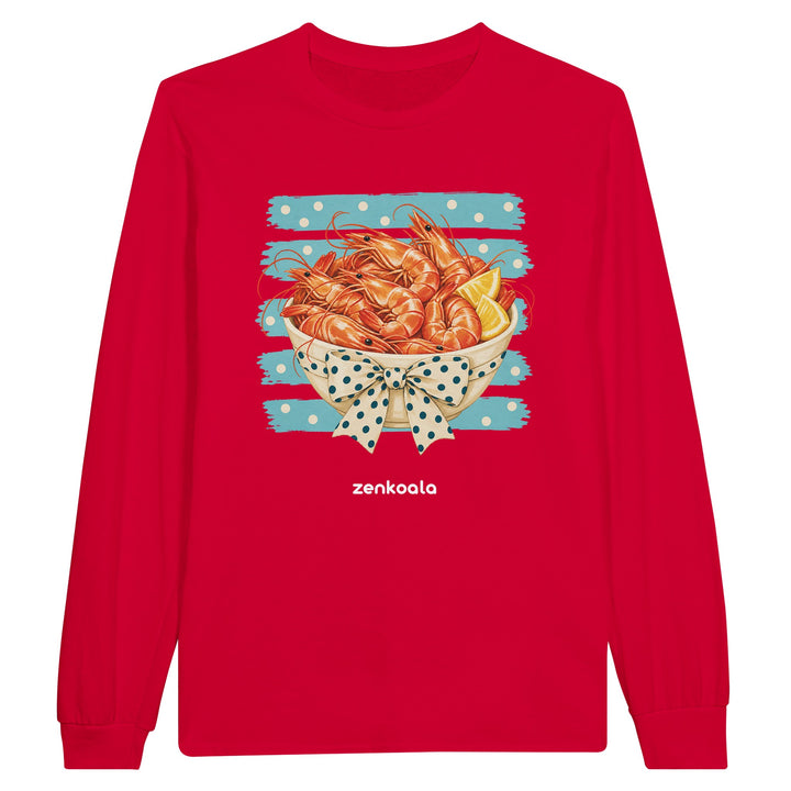 Prawns feel-good long sleeve tee in red, Zen Koala Australia