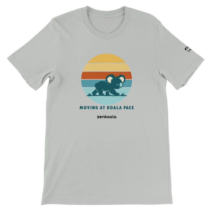 Moving at Koala Pace feel-good tee in silver, Zen Koala Australia