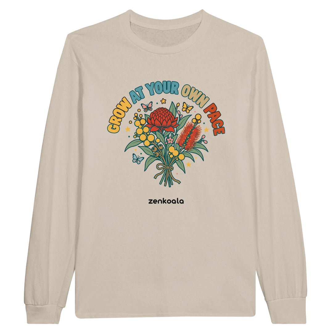 Grow at Your Own Pace feel-good long sleeve tee in sand, Zen Koala Australia