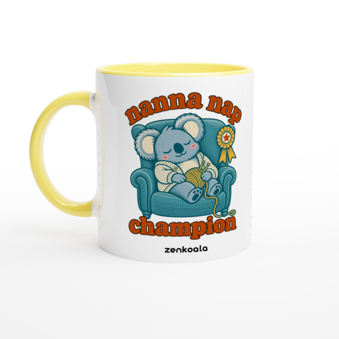 Nanna Nap Champion feel-good mug: a koala asleep in an armchair with knitting and a prize ribbon, Zen Koala Australia