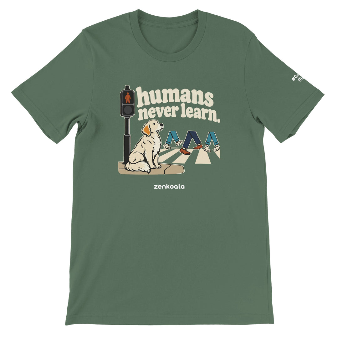 Humans Never Learn feel-good tee in military green, Zen Koala Australia