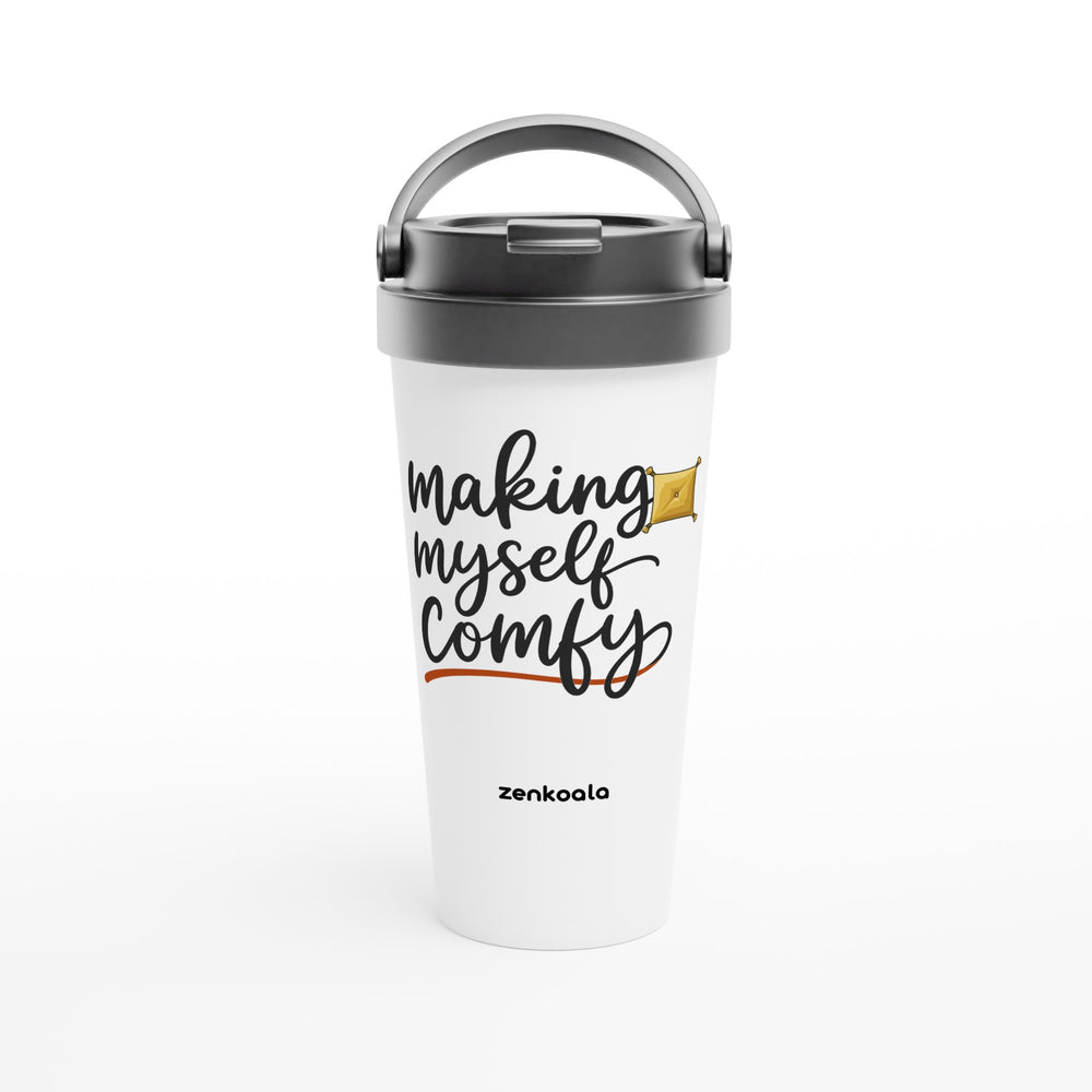 Making Myself Comfy feel-good travel mug: flowing script and a fluffed-up cushion, Zen Koala Australia