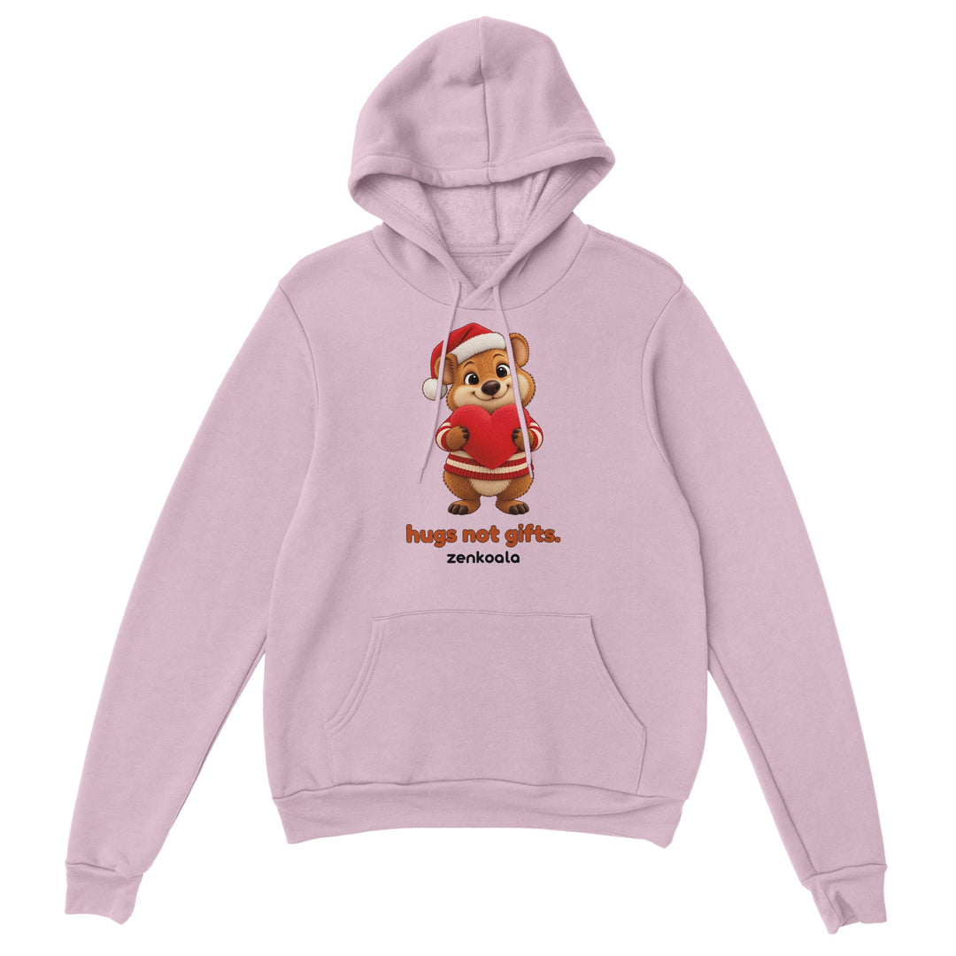 Hugs Not Gifts feel-good hoodie in light pink: a quokka holding a heart, Zen Koala Australia