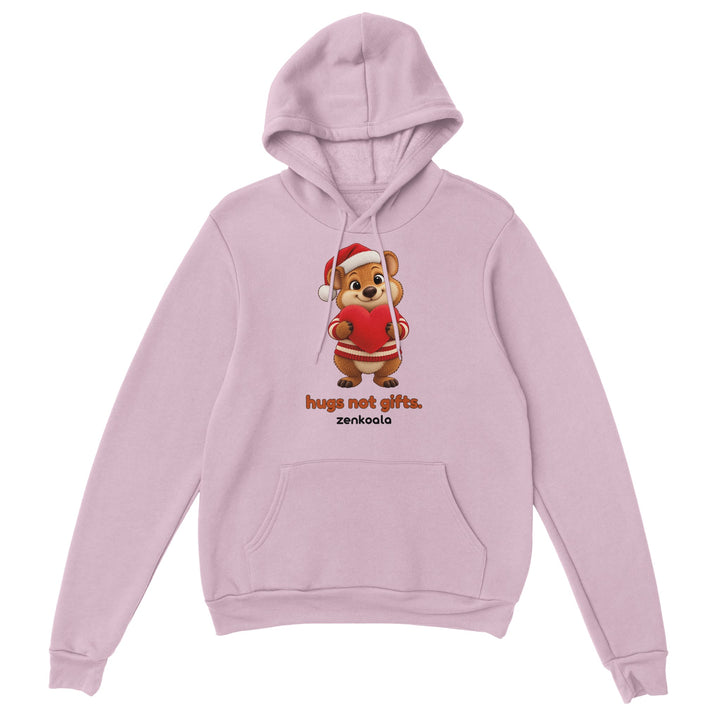 Hugs Not Gifts feel-good hoodie in light pink: a quokka holding a heart, Zen Koala Australia