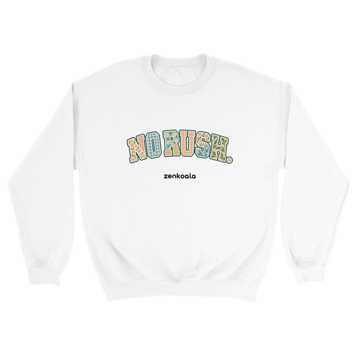 No Rush Faux Patchwork feel-good sweatshirt in white, Zen Koala Australia