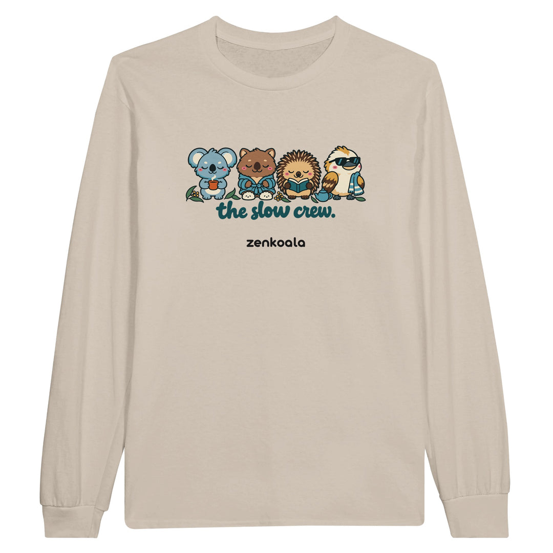The Slow Crew feel-good long sleeve tee in sand, Zen Koala Australia