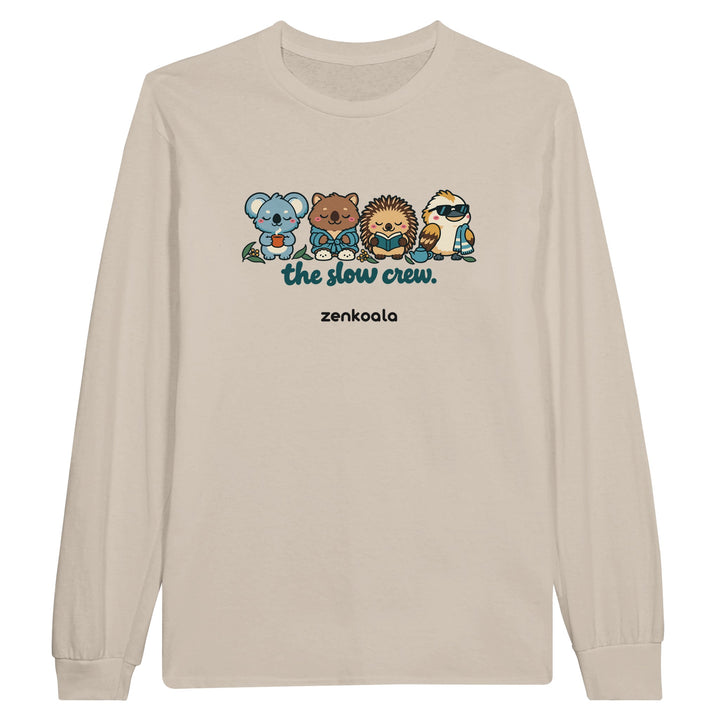 The Slow Crew feel-good long sleeve tee in sand, Zen Koala Australia