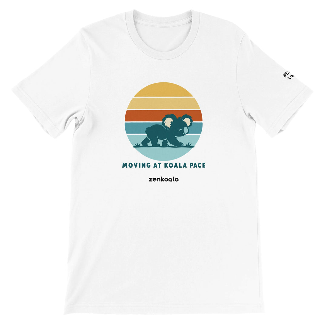 Moving at Koala Pace feel-good tee in white, Zen Koala Australia