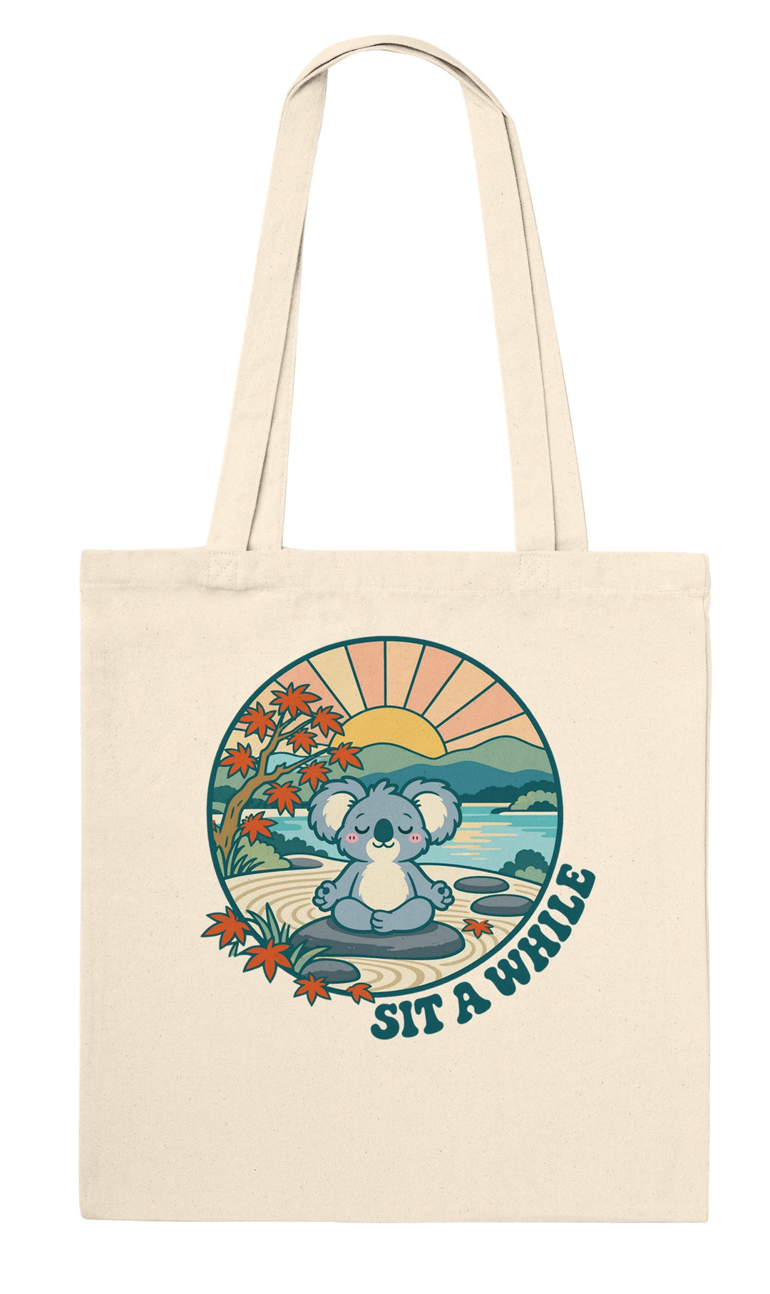 Sit a While feel-good tote bag in natural: a koala meditating in a zen garden, Zen Koala Australia