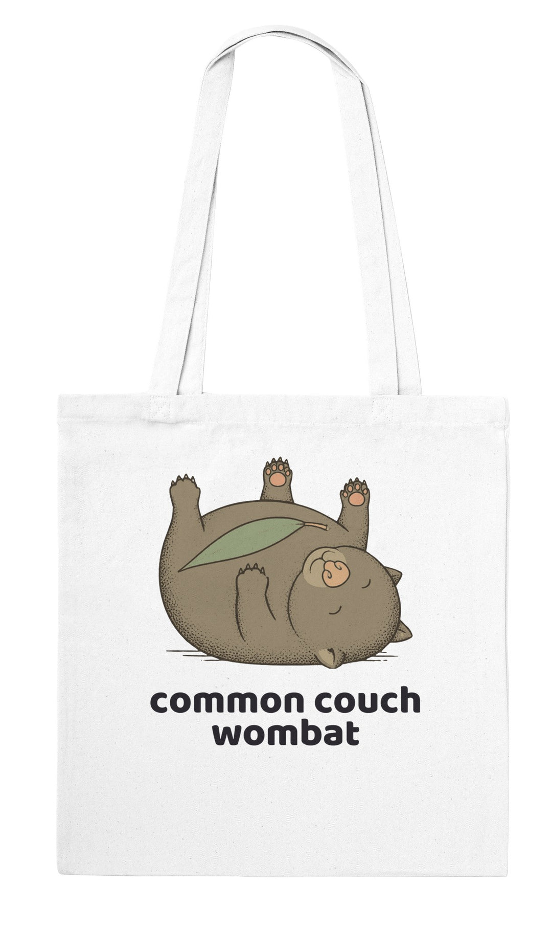 Common Couch Wombat feel-good tote bag in white: a vintage field-guide wombat flat on its back, Zen Koala Australia